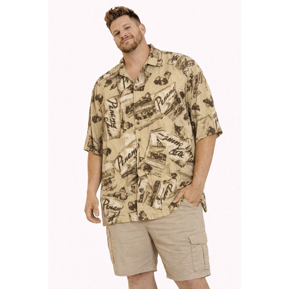 Panama Jack Button Down Mens XXL Tan Rum Print Rayon Short Sleeve Tropical Shirt